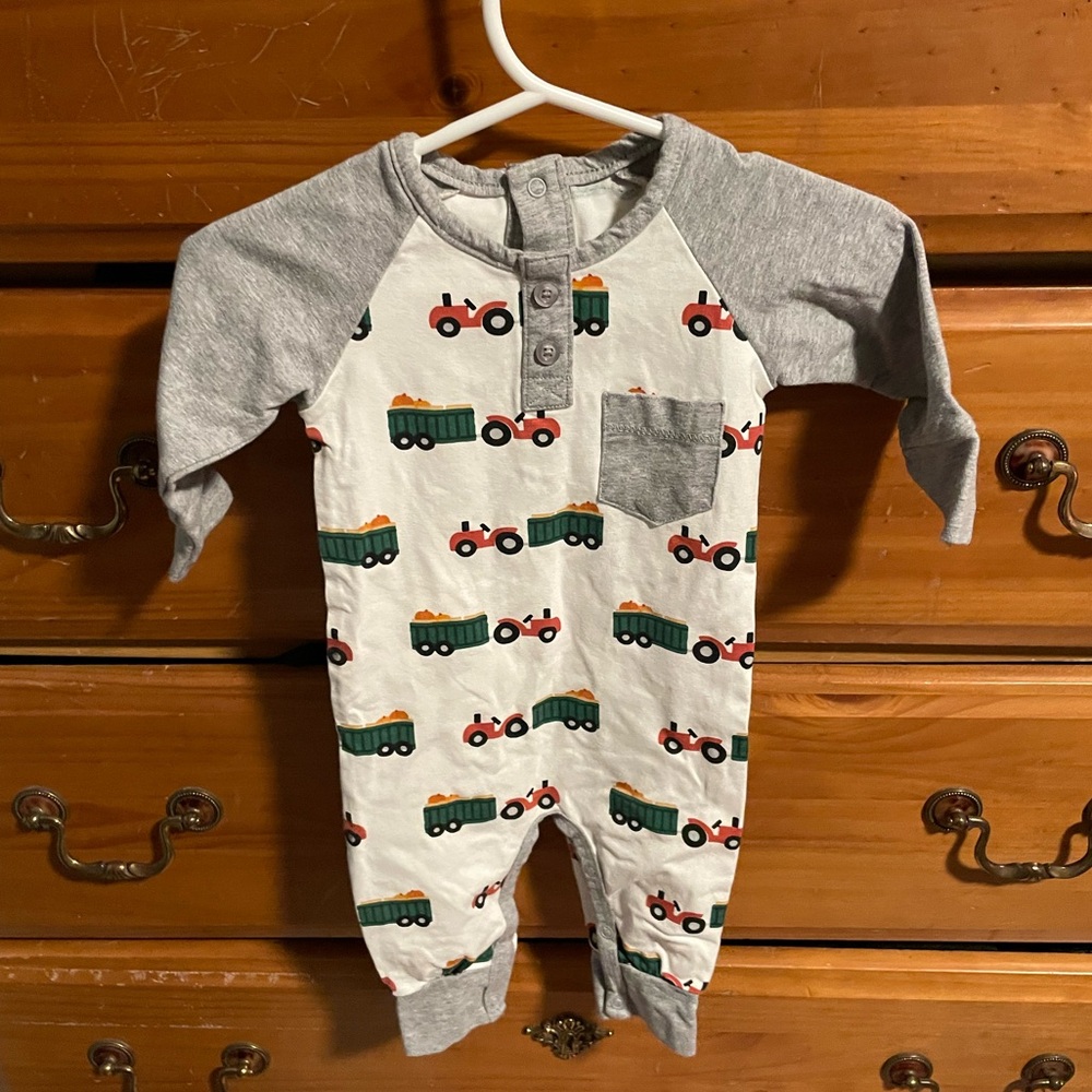 3-6 Month Monica & Andy Tractor Pumpkin Henley Romper NWOT Organic Cotton